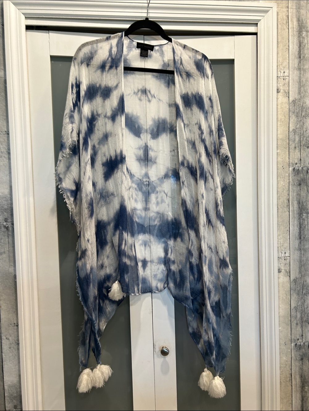 Steve Madden Blue and White Tie-Dye Kimono Cover-Up with Tassels